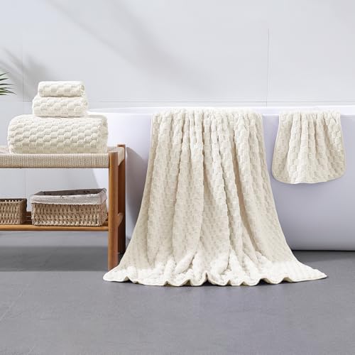 6 Piece Bath Towel Set, 40"x80" Microfiber Bath Sheets, Cream | Microfibers，Extra-large size，Quick dry，Highly Absorbent，Big and Tall users，2Bath towels 2Hand towels 2Washcloths - color: Cream, size: Bath Sheet Set-6PCS