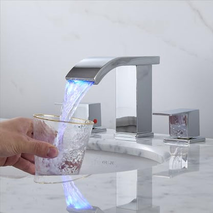 Bathroom faucets 3 Hole Widespread LED Light Bathroom Sink Faucet 8 inch Modern Bathroom Waterfall 3 Hole Vanity Chrome Faucet with Pop Up Drain(Chrome) - color: Chrome
