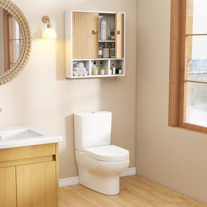 Bathroom Wall Cabinet,Wooden Medicine Cabinet with Fluted Doors Over The Toilet Storage Cabinet with Adjustable Shelf for Bathroom,White - color: White-wood Block