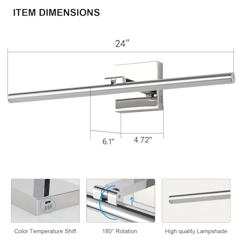 LED Bathroom Vanity Light, Modern Bathroom Light Fixture Over Mirror (3000K/4000K/6000K, Dimmable), Vanity Light Bar with Angle Adjustable, 24 Inch, Chrome - color: Chrome, size: 24 inch
