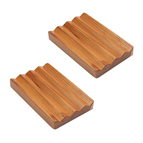 HTB 2 Pack Teak Wood Soap Dish for Shower,Non-Slip Soap Holder Bathroom | Wave Design Soap Saver Keep Soap Dry,Bar Soap Holder for Bathroom,Bathtub,Sponge Holder for Kitchen Sink - color: 2pcs