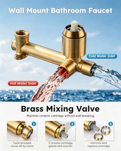 Wall Mount Bathroom Faucet, Single Handle Bathroom Sink Faucet | Gold Single Handle Wall Bathroom Vanity Faucet, Long Spout, Rough-in Brass Valve, Basin Faucet for Vessel Sink Lavatory