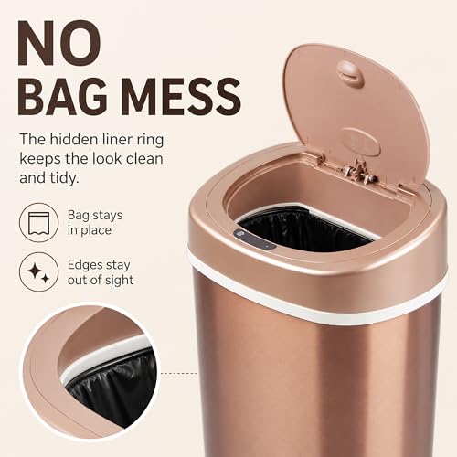 Motion Sensor Trash Can, 15L Touchless Automatic Garbage Can with Lid, Stainless Steel for Kitchen, Bathroom, Office, Quiet Soft-Close, Long Battery Life, Champagne Gold - color: Champagne gold