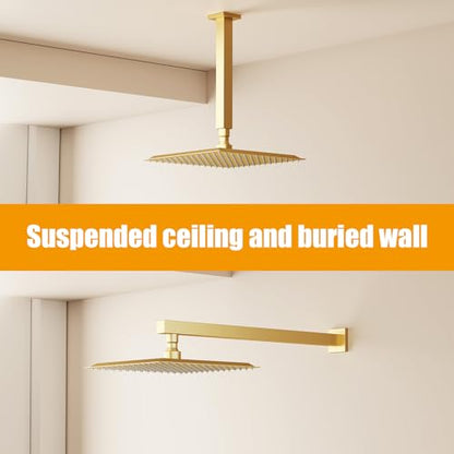 10 In Rain Shower Head High Pressure Rainfall Shower Head Brushed Gold | Square Rain Bathroom Showerhead, High Flow, Large Stainless Steel, Ceiling Mounted, Wall Mounted, Waterfall Full Body - color: Brushed Gold, size: 10 Inch