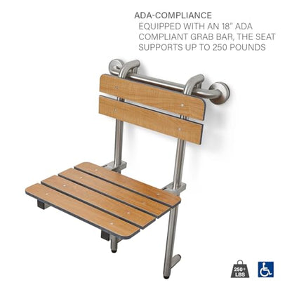 Seachrome Profile Folding Shower Seat with 18 inch Grab Bar, Removable Hanging Bench with Backrest & Legs, Teak Phenolic Seat, Stain Stainless Steel Grab Bar - color: Teak Phenolic Seat