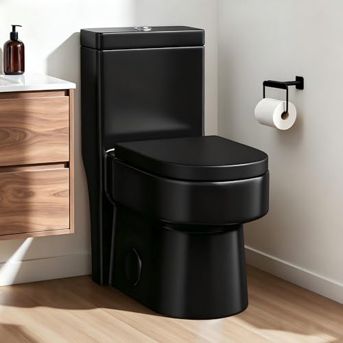 Compact One Piece Toilet Matte Black,Soft-close Seat Lid, Power Dual Flush 1.2/1.85 GPF,Small Toilet for Bathrooms,Standard Black Toilet Bowl, 12'' Rough-in - style: BH-22-BLACK