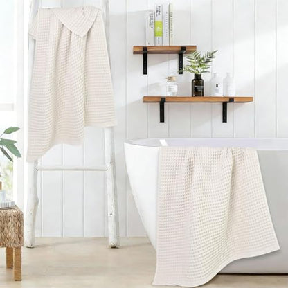 Waffle Bath Towels Set of 2 (Mist White) – Cotton, Quick Dry, Low Lint | 31” x 62” Large Towels for Bathroom Shower Spa Pool - color: Mist White