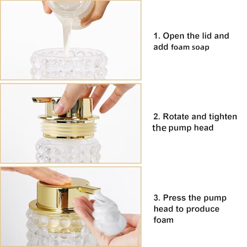 Glass Foaming Soap Dispenser, Clear Foam Hand Soap Dispenser, Bathroom 12 Oz Large Bottle with Gold Pump, Refillable Lotion Pump Container for Bathroom, Kitchen,Hand Soap, Dish Soap, Shampoo - color: Transparent