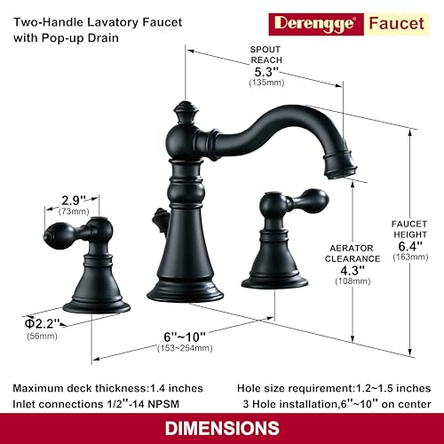 Matte Black 2-Handle 8 Inch Widespread Bathroom Faucet 3 Holes,2 Pack | Derengge Traditional Widespread Sink Faucet, With Pop-Up Drain 360° Swivel Stainless Steel Spout, F-8805-MT - color: Matte BlackX2