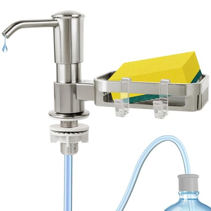 Soap Dispenser for Kitchen Sink, Built in Sink Soap Dispenser Pump with Sponge Holder, Brushed Nickel ABS Sink Dish Soap Dispensers Under Counter, with 39" Extension Tube Kit,No Refill Needed - color: Brushed Nickel