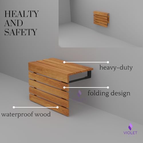 20" Folding Wall Mounted Handmade Teak Wood Large Shower Seat with Legs, ADA Compliant Durable Bath Bench, Sturdy Space-Saving Bathroom Stool, Water-Resistant Compact Chair (Natural, Extra Large) - color: Natural