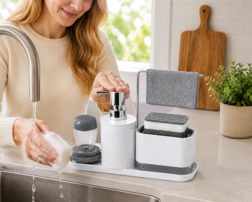 4-Piece Kitchen Sink Caddy with Soap Dispenser – Sponge Holder & Scrubber Brush, Removable Drain Tray, Dishcloth Bar, All-in-One Countertop Organizer for Kitchen & Bathroom – White