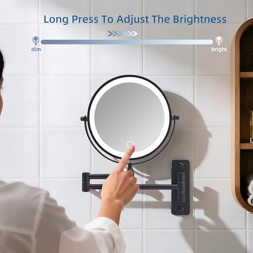 Wall Mounted Makeup Mirror with Light, 8" Double Sided 1X/10X Magnifying Mirror, Rechargeable, 3 Color Lights, Touch Dimmable, 360° Rotation & Extendable Arm
