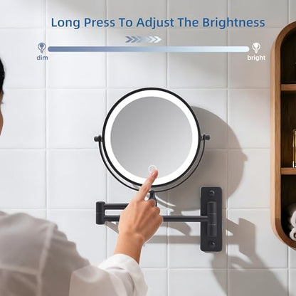 Wall Mounted Makeup Mirror with Light, 8" Double Sided 1X/10X Magnifying Mirror, Rechargeable, 3 Color Lights, Touch Dimmable, 360° Rotation & Extendable Arm