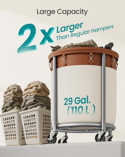 SONGMICS Laundry Basket, Rolling Steel Frame with 2 Locking Wheels, 110 L | Heavy-Duty Laundry Hamper Cart with Removable Bag, Coffee Brown and Cream White, URLS002KQ02 - color: Coffee Brown + Cream White, size: 110 L (1-Section)