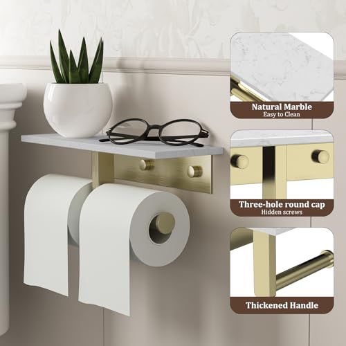 BWE Double Toilet Paper Holder with Shelf Wall Mounted Tissue Roll Holder | Commercial Toilet Paper Dispenser for Bathroom Marble Toilet Paper Storage Holder with Phone Shelf (Brushed Gold) - color: Double Brushed Gold