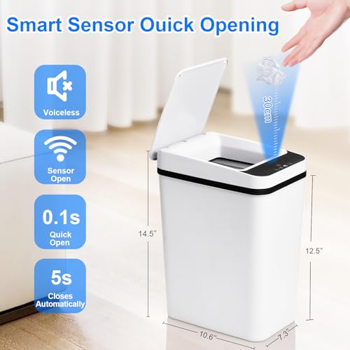 Anborry Bathroom Trash Cans with Lid Touchless Automatic Motion Sensor 4 Gallon Small Garbage Can, Smart Electric Plastic Narrow Garbage Bin for Living Room Bedroom Office Kitchen (White) - color: 4 Gallon White