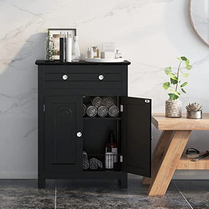 COSTWAY Bathroom Floor Cabinet, Wooden Side Storage Organizer w/Larger Drawer, Adjustable Shelf & 2-Door Cupboard, Freestanding Storage Cabinet for Living Room, Kitchen, Entryway (Black) | Larger Drawer, Adjustable Shelf & 2-Door Cupboard, Freestanding St