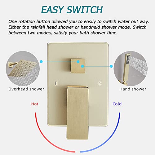 Brushed Gold Shower System 8 Inch Bathroom Luxury Rain Mixer Shower Combo Set Wall Mounted Rainfall Shower Head and Handheld System Shower Faucet Set Rough-in Valve Body and Trim Kit - color: Brushed Gold, size: 8 Inch