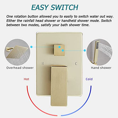 Brushed Gold Shower System 8 Inch Bathroom Luxury Rain Mixer Shower Combo Set Wall Mounted Rainfall Shower Head and Handheld System Shower Faucet Set Rough-in Valve Body and Trim Kit - color: Brushed Gold, size: 8 Inch