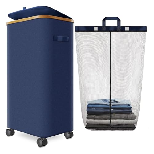 Laundry Hamper with Wheels, 110L Large Clothes Hamper with Removable Inner Bag, Collapsible Dirty Clothes Basket for Dorm, Rolling Dirty Clothes Basket for, Bedroom, Bathroom, Laundry Room - color: Blue, size: 110L