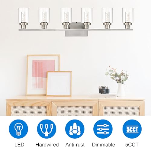 MELUCEE 6-Light LED Bathroom Vanity Light Brushed Nickel 3000K-6000K | Modern Bathroom Light Bar with Crystal Bubble Clear Glass Shade, Dimmable Bathroom Wall Sconce Lamp,Built-in LED Chips - color: Brushed Nickel, size: LED-6 Lights
