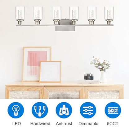 MELUCEE 6-Light LED Bathroom Vanity Light Brushed Nickel 3000K-6000K | Modern Bathroom Light Bar with Crystal Bubble Clear Glass Shade, Dimmable Bathroom Wall Sconce Lamp,Built-in LED Chips - color: Brushed Nickel, size: LED-6 Lights