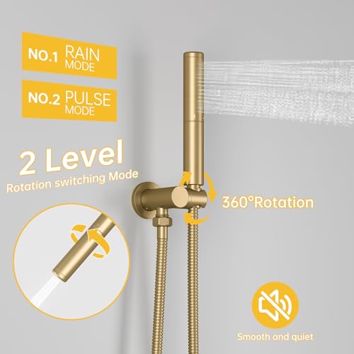 BESy Shower System with 10 Inch Round Rain Shower Head and Handheld Wall Mounted, High Pressure Rainfall Shower Faucet Fixture Combo Set with 2 in 1 Handheld Showerhead for Bathroom, Gold - color: Gold