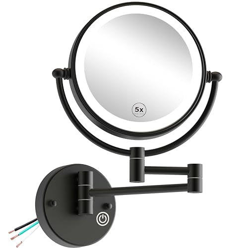 1X/5X Magnifying Make up Mirror Wall Mounted, Lighted, Brass Arm, Hardwired | 8-Inch, Bathroom Double-Sided Vanity, 360 Swivel Extendable, 3 Color Lighting, Memory Function, Touch Dimmable, Matt Black