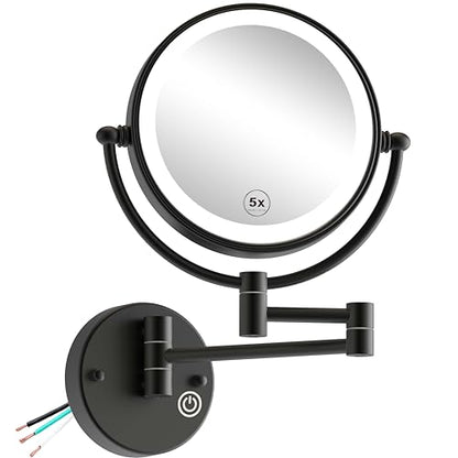 1X/5X Magnifying Make up Mirror Wall Mounted, Lighted, Brass Arm, Hardwired | 8-Inch, Bathroom Double-Sided Vanity, 360 Swivel Extendable, 3 Color Lighting, Memory Function, Touch Dimmable, Matt Black