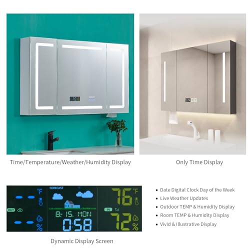 VINGLI LED Lighted Medicine Cabinet with Intelligent Mirror, Bluetooth Speaker, Weather & Temp Display, Anti-Fog, Built-in Outlet & USB, Large 3-Door Bathroom Mirror Cabinet,48 Inch, Need Assembly - size: 6"D x 48"W x 28"H
