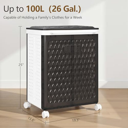 VECELO Rolling Laundry Hamper with Wheels and Lid, Foldable Plastic Laundry Basket with Handle, Rolling Divided Laundry Cart for Small Spaces, Laundry, Bathroom, Bedroom, Black - color: Black