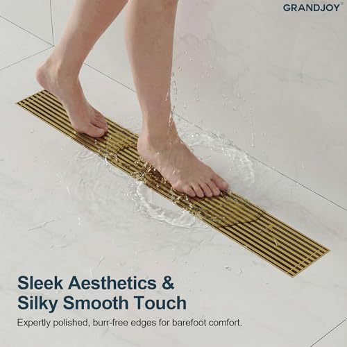 24 Inch Linear Shower Drain, Brushed Gold Rectangular Floor Drain with Removable Grate, SUS304 Stainless Steel, High Flow Capacity and cUPC Certified - color: Brushed Gold, size: 24