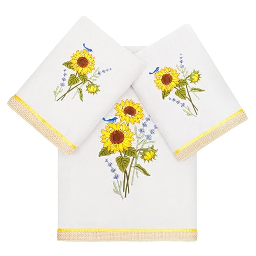 Jubilant 3-Piece Towel Set, Embroidered Sunflower & Lavender, 100% Turkish Cotton, Super Absorbent, Country Charm Decor, 1 Bath 2 Hand Towels, Silver - color: Silver, size: 1 Pc Bath 2 Pcs Hand Towel