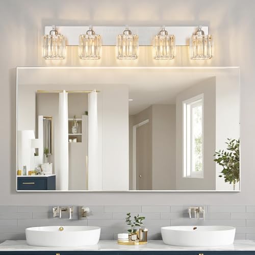 Modern Vanity Light 5-Lights Brushed Nickel Vanity Light Crystal Bathroom Wall Light Bathroom Light Fixtures - color: Nickel Straight, size: 5-light