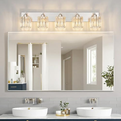 Modern Vanity Light 5-Lights Brushed Nickel Vanity Light Crystal Bathroom Wall Light Bathroom Light Fixtures - color: Nickel Straight, size: 5-light