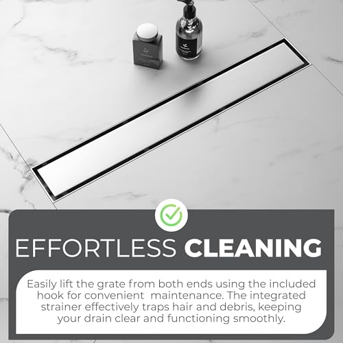 24-Inch Linear Shower Drain - 304 Stainless Steel | Reversible 2-in-1 Flat & Tile Insert Cover, Rectangular Floor Drain Set with Hair Catcher & Adjustable Leveling Feet - color: Brushed Nickel, size: 24 Inch