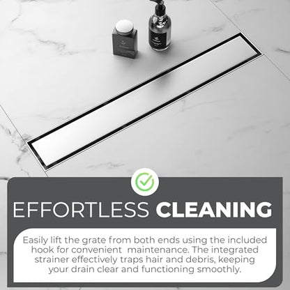 24-Inch Linear Shower Drain - 304 Stainless Steel | Reversible 2-in-1 Flat & Tile Insert Cover, Rectangular Floor Drain Set with Hair Catcher & Adjustable Leveling Feet - color: Brushed Nickel, size: 24 Inch