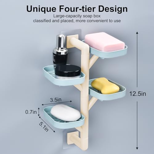 Soap Holder Four Layer Wall Mounted NO-Drilling Rotatable Self-draining Removable Soap Dish for Shower Bathroom Tray,Self Draining Sponge Holder,Razor Holder (Blue/Ecru) - color: Blue/Ecru