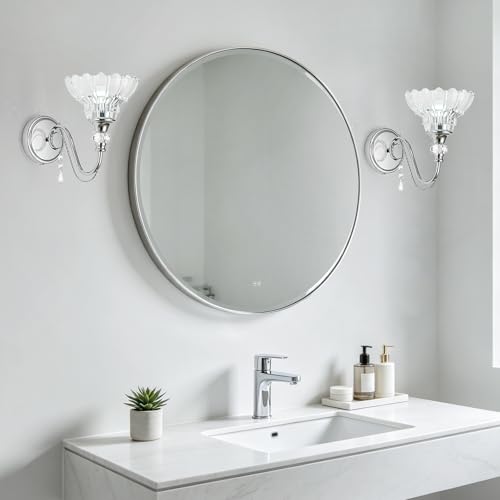 1 Piece Brushed Chrome Finish Wall Sconce, 1-Light Modern Wall Sconce with Hanging Crystal Accents and Flower-Shaped Clear Shades for Bathroom Bedroom Living Room,Modern Vanity Light - color: Chrome, size: 1-Light