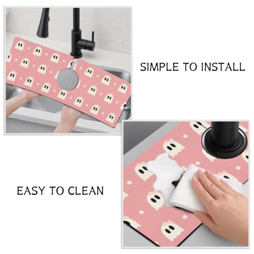 Halloween Kitchen Sink Splash Guard Faucet Mat,Pink Cute Ghosts Halloween Faucet Non-Slip Absorbent Mat,Farmhouse Sink Splash Guard Behind Faucet for Kitchen Bathroom,15"x5.5" - color: Drying Faucet Mat 13