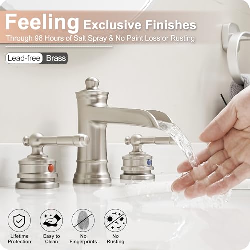Waterfall Bathroom Faucet Matte Brushed Nickel, Brass 3 Hole Faucet Bathroom Sink Faucet Widespread 4-16 Inch Faucet for Bathroom Sink, 2 Handle Bathroom Faucets with Pop-up Drain & Water Hoses - color: Matte Brushed Nickel - Classic
