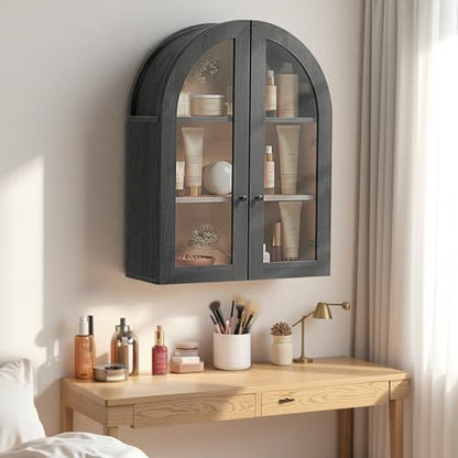 Bathroom Arched Wall Cabinet, 23.5'' Wide Medicine Cabinet, Wall Mount with Glass Doors & Adjustable Shelves, Over the Toilet Storage Cabinet for Laundry Room, Bedroom, Kitchen, Grey Black - color: Grey Black
