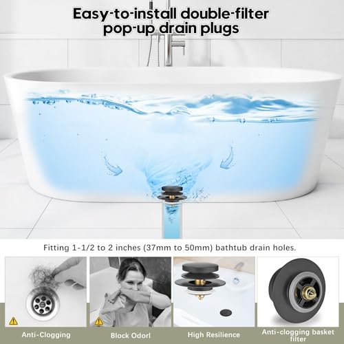 Universal Bathtub Stopper, Pop Up Bath Tub Drain Stoppers, EZ Install Bathtub Drain Replacement Trim Kit, Replaces Lift and Turn, Tip-Toe and Trip Lever Drains for Tub(Black) - color: Matte Black