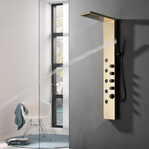 BWE Rainfall Waterfall Shower Panel Tower System Stainless Steel Bathroom Shower Panel with 5 Massage Body Jets Sprays and Handheld Shower,Polished Gold and Black