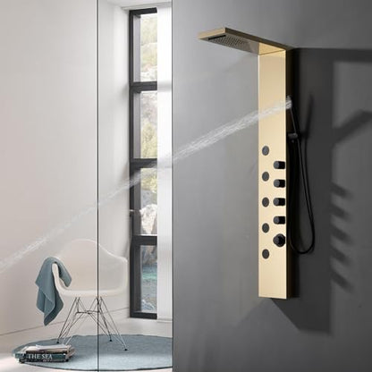 BWE Rainfall Waterfall Shower Panel Tower System Stainless Steel Bathroom Shower Panel with 5 Massage Body Jets Sprays and Handheld Shower,Polished Gold and Black