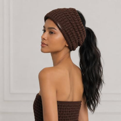 Luxury Organic Japanese Cotton Waffle Spa Headband for Women | Adjustable Towel Headband with Magic Tape | Makeup, Face Washing, Facial, Cosmetic & Skincare, Gift for Her Self-Care (Dark Cocoa) - color: Dark Cocoa, style: Headband (Extra Wide)