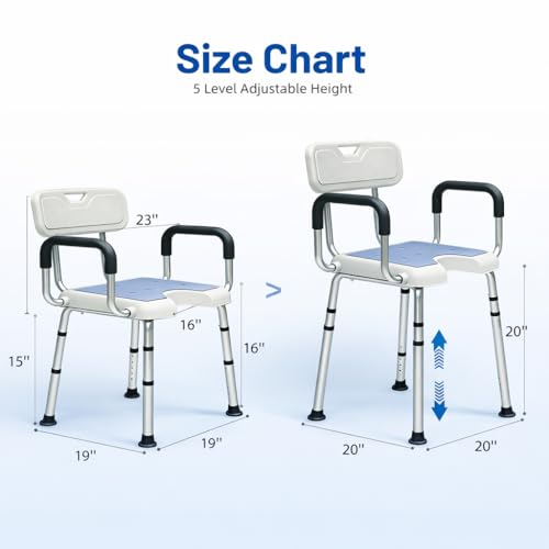 4-in-1 Shower Chair for Inside Shower with Arms and Back, HSA/FSA Eligible, 400lbs Capacity Height Adjustable U-Shaped Seat for Seniors Elderly Easy Bathing Tool-Free Assembly