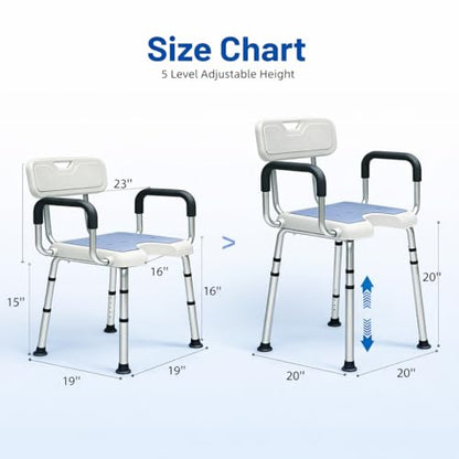 4-in-1 Shower Chair for Inside Shower with Arms and Back, HSA/FSA Eligible, 400lbs Capacity Height Adjustable U-Shaped Seat for Seniors Elderly Easy Bathing Tool-Free Assembly