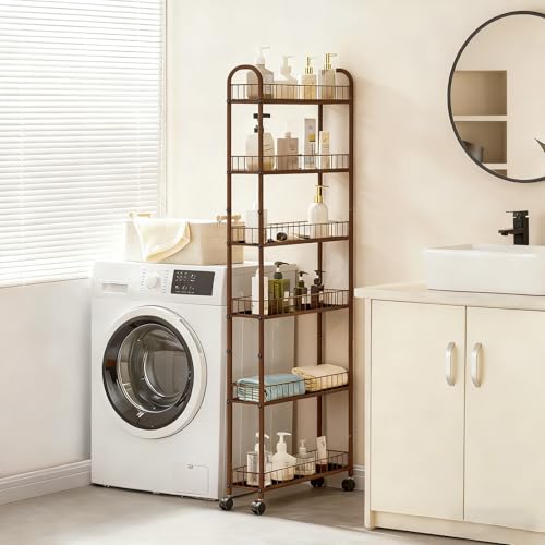 6in 6-Tier Slim Storage Cart with Wheels, Metal Narrow Rolling Shelf, Sturdy Slim Storage with Hooks Ideal for Kitchen, Bathroom, and Laundry Room (Champagne Gold) - size: 6in Champagne Gold